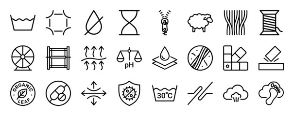 Naklejka premium Textile Technology and Fabric Properties Minimalist Monoline Icon Set featuring Breathability, Durability, and Sustainable Material Symbols.