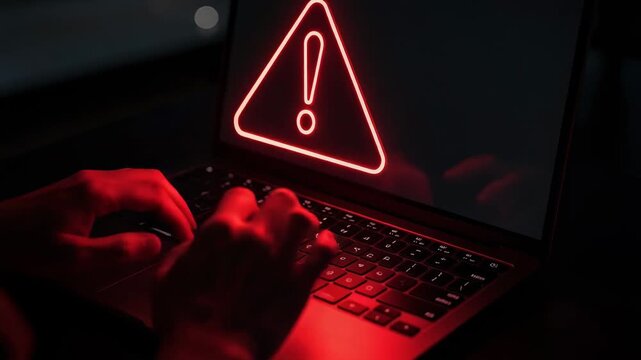 Person working on laptop with red neon warning symbol on screen in dark environment