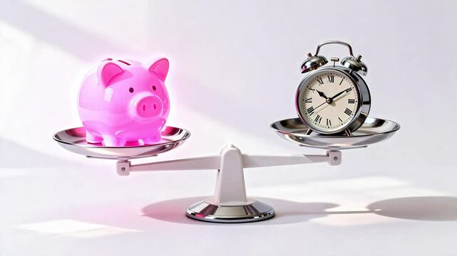 Piggy bank and clock on balance scale