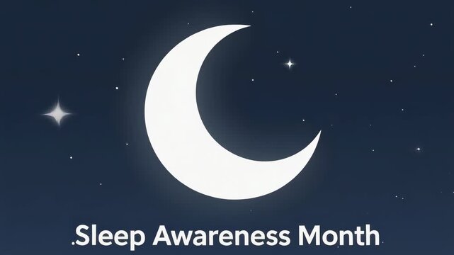 Sleep Awareness Month concept with crescent moon and stars on dark blue night sky background