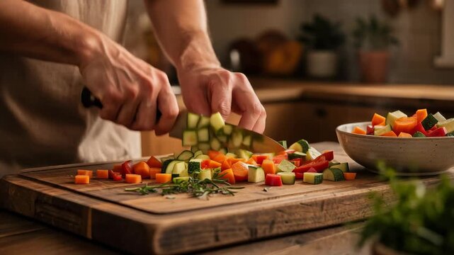 Fresh colorful vegetables being chopped on wooden board in cozy kitchen for healthy cooking