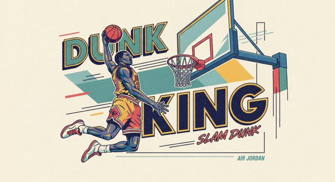 Basketball player dunking ball into hoop with dunk king text