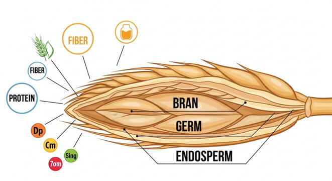 Detailed illustration of wheat grain anatomy showing bran germ endosperm and nutritional components