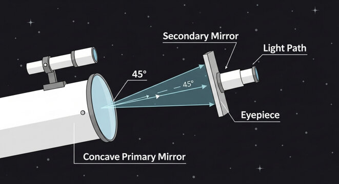 Telescope diagram showing light path through concave primary and secondary mirrors to eyepiece