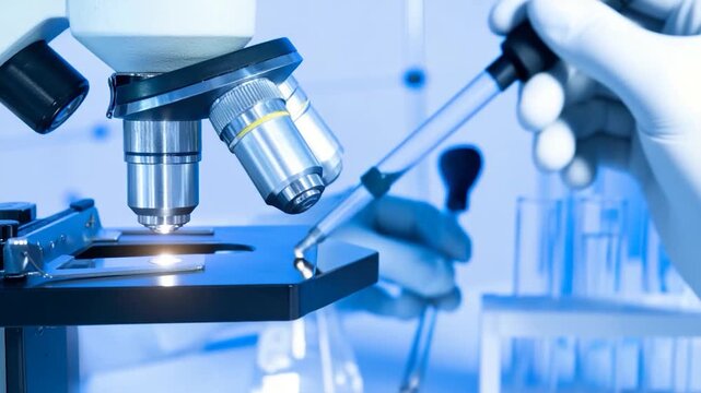 A detailed image of a microscope with a pipette and test tubes, in a lab setting