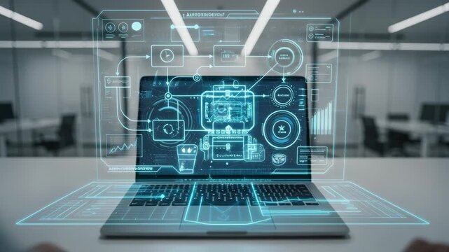 Futuristic laptop with holographic interface displaying digital data and technology concepts in modern workspace
