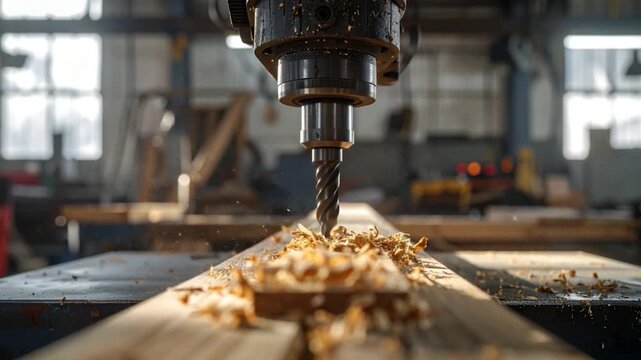 A drill press bores into a wooden plank, creating sawdust in a workshop setting