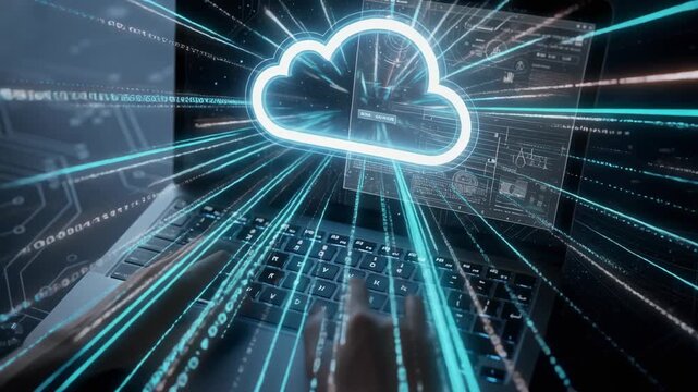 Hands typing on laptop with glowing cloud computing data transfer and futuristic technology interface