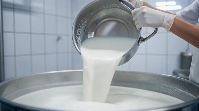 Fresh milk pouring into large stainless steel container in modern dairy processing facility