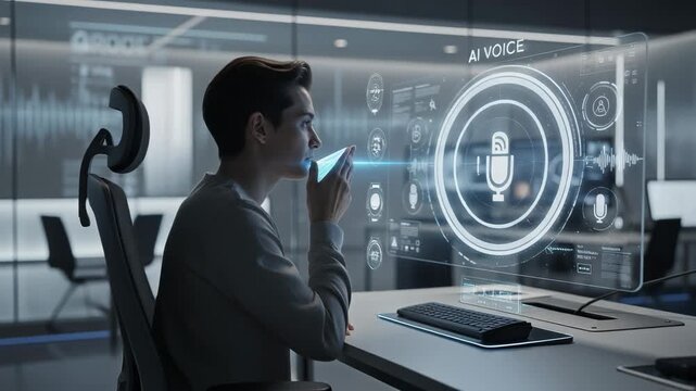 Young man using futuristic AI voice command technology with holographic interface in modern office