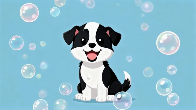 Cute happy cartoon black and white puppy dog surrounded by floating bubbles on blue background