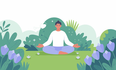 Obraz premium Woman Meditating in a Peaceful Garden Vector Illustration