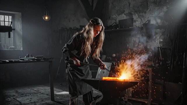 A female blacksmith in a dimly lit workshop works hot metal on an anvil, sparks flying