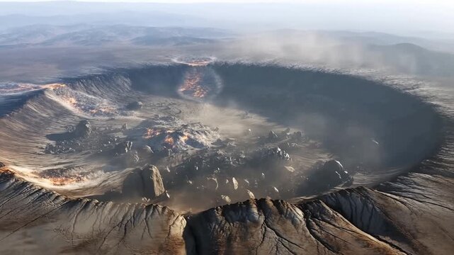Aerial View of Asteroid Impact Crater &ndash; Massive Circular Depression with Molten Rock and Scattered Ejecta Debris