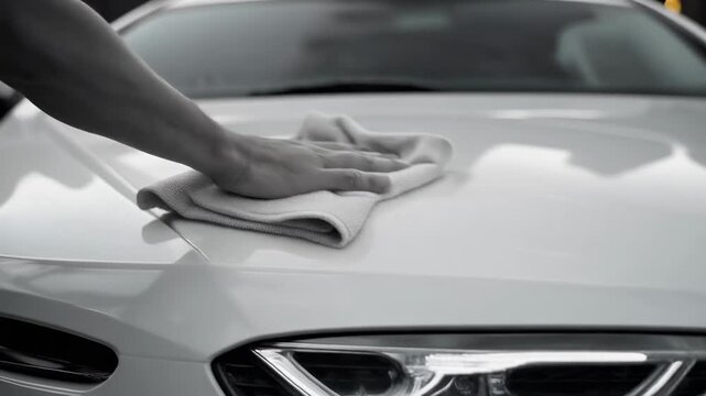 Close up of hand cleaning shining white car hood with microfiber cloth for auto care and maintenance