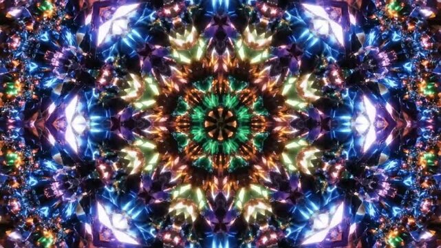 Mesmerizing kaleidoscope of abstract glowing crystals radiating light with stunning colorful patterns and unique symmetrical designs