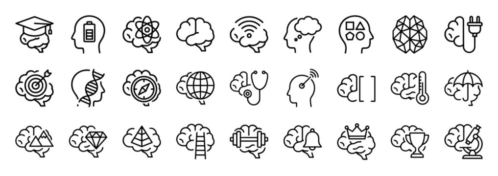 Mental Health and Artificial Intelligence Monoline Icon Set. Minimalist Geometric Line Art for Neurology, Psychology, and Cognitive Science.