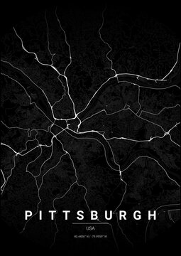 Modern Pittsburgh City Map Poster Design, Noir Style Urban Street Grid Cartography
