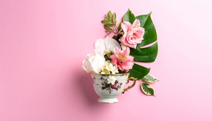 Obraz premium Elegant floral arrangement in vintage teacup on pink background