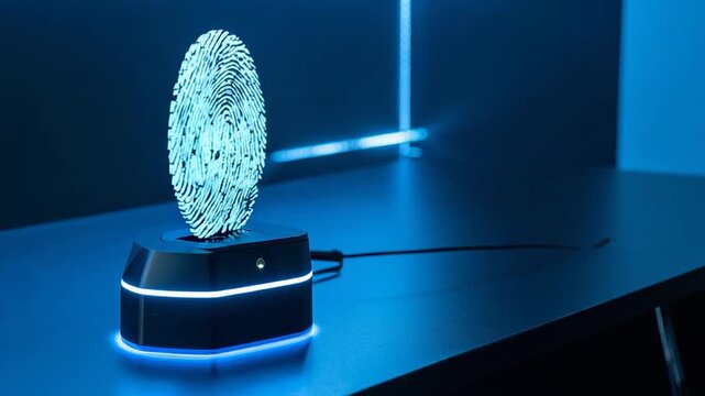 A futuristic device with a glowing, textured object on a table in a blue-lit room