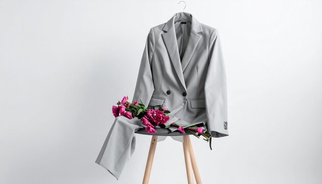 Elegant gray business suit with vibrant pink flowers on modern chair