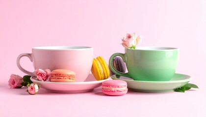 Fototapeta premium Elegant tea cups with macarons and roses on pastel background
