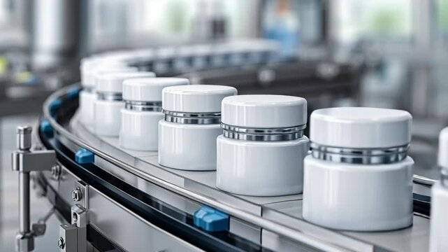 White supplement jars move along an automated conveyor belt in a clean pharmaceutical facility.