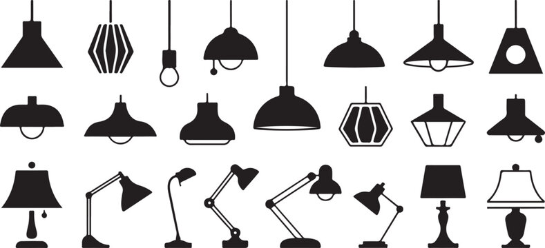 Collection of various black silhouette lampshades and desk lamps on transparent background, representing lighting and interior styles