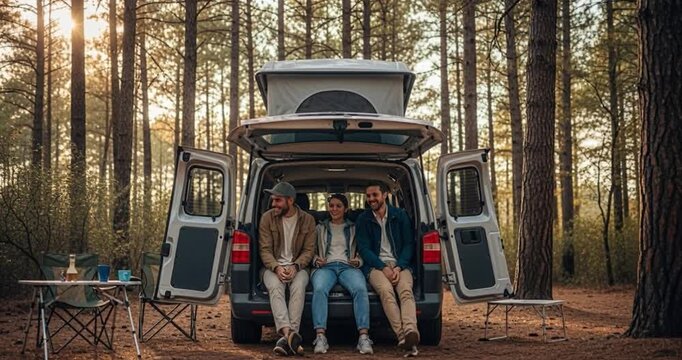 People enjoying outdoor recreational vehicle adventure sunlight forest