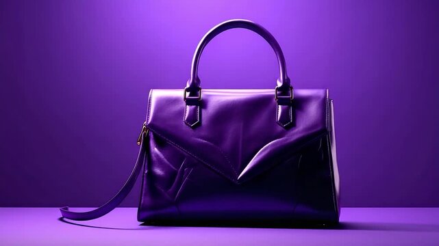 A glossy, purple handbag with a handle and strap sits on a matching purple surface