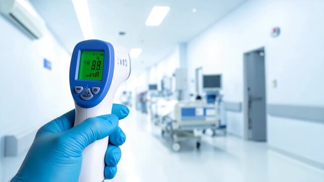 A gloved hand holds a digital thermometer in a hospital hallway. The device shows a temperature reading