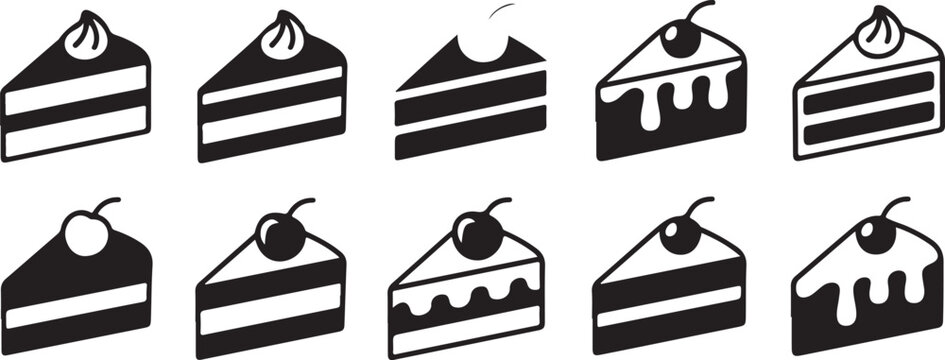 Variety of cake slice illustrations featuring layers, frosting, and cherries presented on checkered background