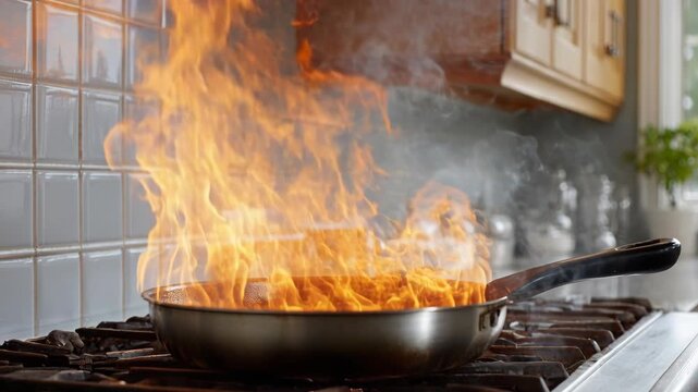 Grease fire erupting from a pan, flames rising high on a kitchen stove in a home interior.