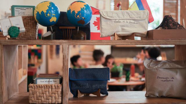 Montessori classroom learning space with wooden toys and simple design