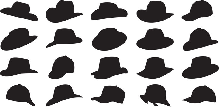 Collection of black hat silhouettes on transparent background assorted styles of headwear including fedora and baseball caps