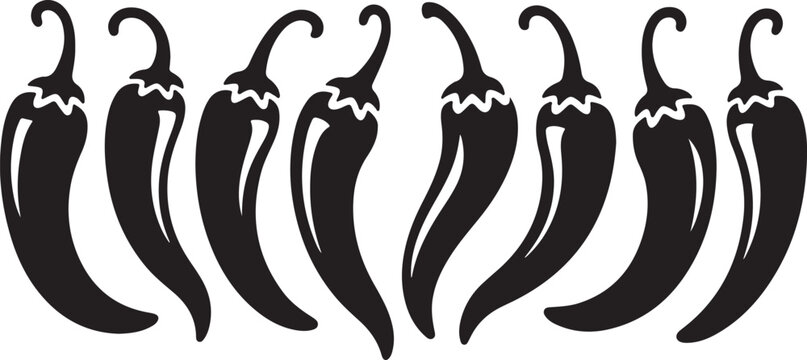 Group of black chili pepper icons on transparent background spicy food ingredient hot pepper fruit set