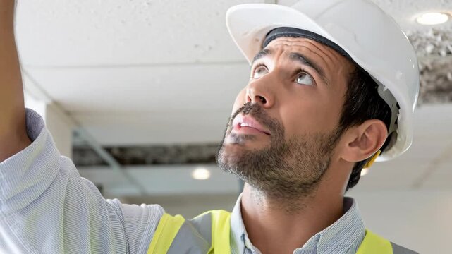 Professional inspector in a white hard hat examines a damaged and moldy office ceiling.