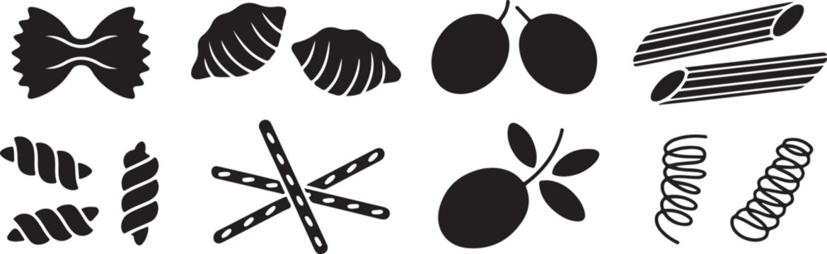 Various pasta shapes and olives silhouettes on transparent background vector illustration