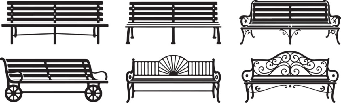 Collection of decorative park benches and outdoor seating furniture in silhouette