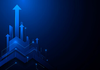 Fototapeta premium Abstract blue arrows ascending symbolizing business growth and technological advancement with glowing digital lines transparent background