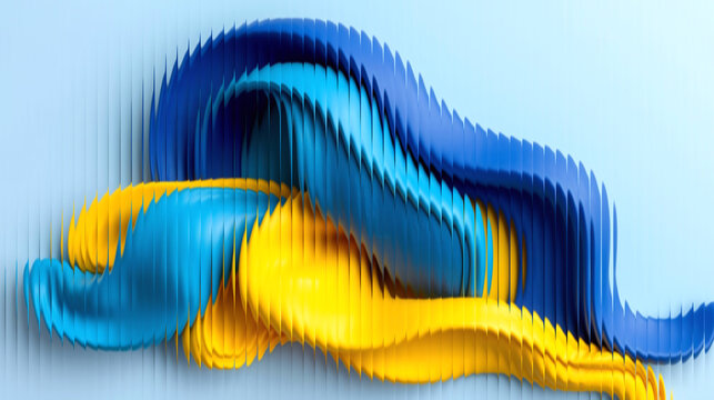 A vibrant abstract illustration featuring swirling blue and yellow waves on a light background