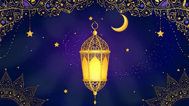 A glowing, golden lantern surrounded by stars, a crescent moon, and ornate design on a dark blue background