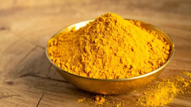 A golden, vibrant turmeric powder is piled high in a small, metallic bowl on a wooden surface