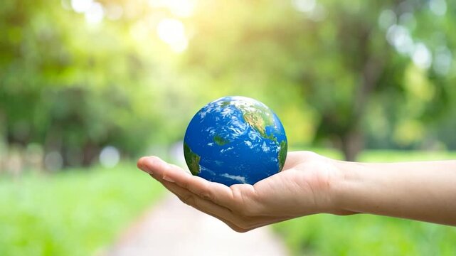 A hand cradles a miniature Earth globe against a blurred green backdrop. Warm sunlight filters