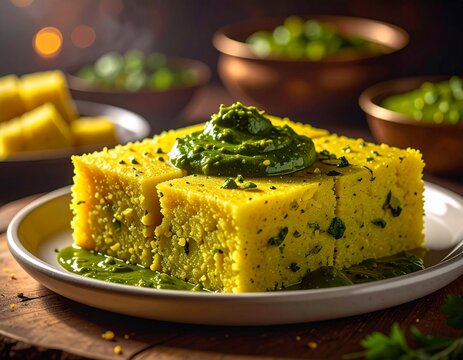 Khaman Dhokla made up of rice or urad dal is a popular breakfast or Snacks recipe from Gujarat, India, served with Green chutney and fried chilli.. Selective focus