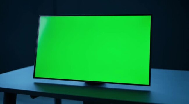Modern television screen displaying a vibrant green chroma key for easy content insertion
