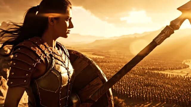 Warrior woman standing on rocky outcrop.