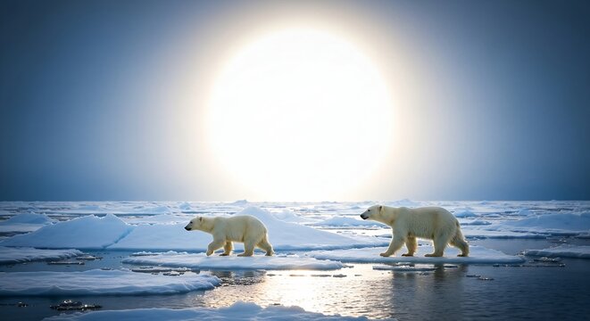 A Polar Bear mother and cub walking across the breaking ice floes in the Arctic spring, bright white sun reflecting off the blue water, 16:9 aspect ratio.