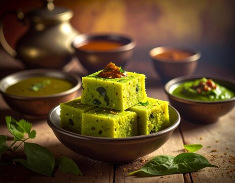 Khaman Dhokla made up of rice or urad dal is a popular breakfast or Snacks recipe from Gujarat, India, served with Green chutney and fried chilli.. Selective focus