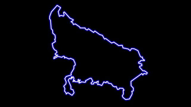 Uttar Pradesh map animated outline. Blue neon glowing border highlight of Indian state